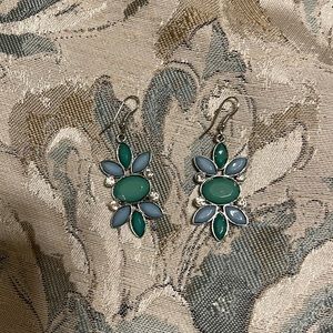 Very pretty blue, green, and crystal earrings. Silver tone.